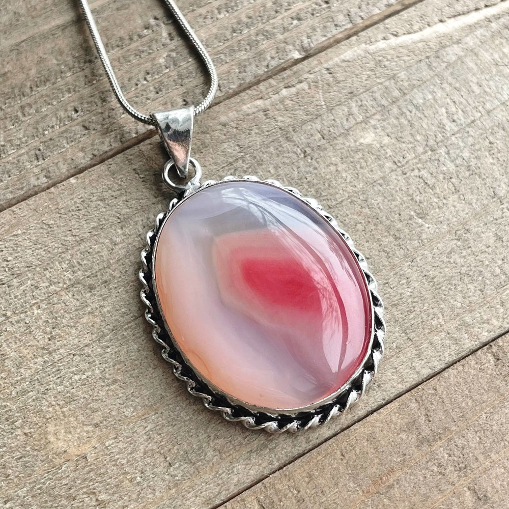 Rare Pink Agate Pendant Necklace in 925 Silver on 18" Silver Snake Chain #041